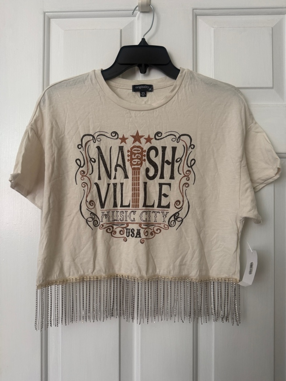 Nashville Graphic Rhinestone Fringe Crop Tee - Cream